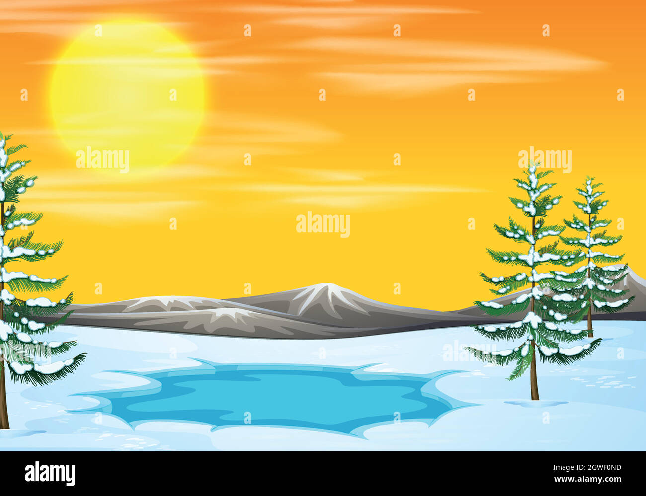 Schneelandschaft bei Sonnenuntergang Stock Vektor