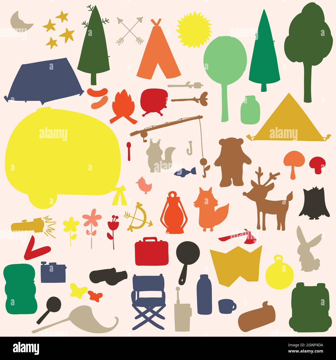 Campingausflug. Handgezogener Anhänger, Zelte, Angeln, Lagerfeuer, Natur, Tiere. Wald im Freien. Farbige Silhouette. Stock Vektor