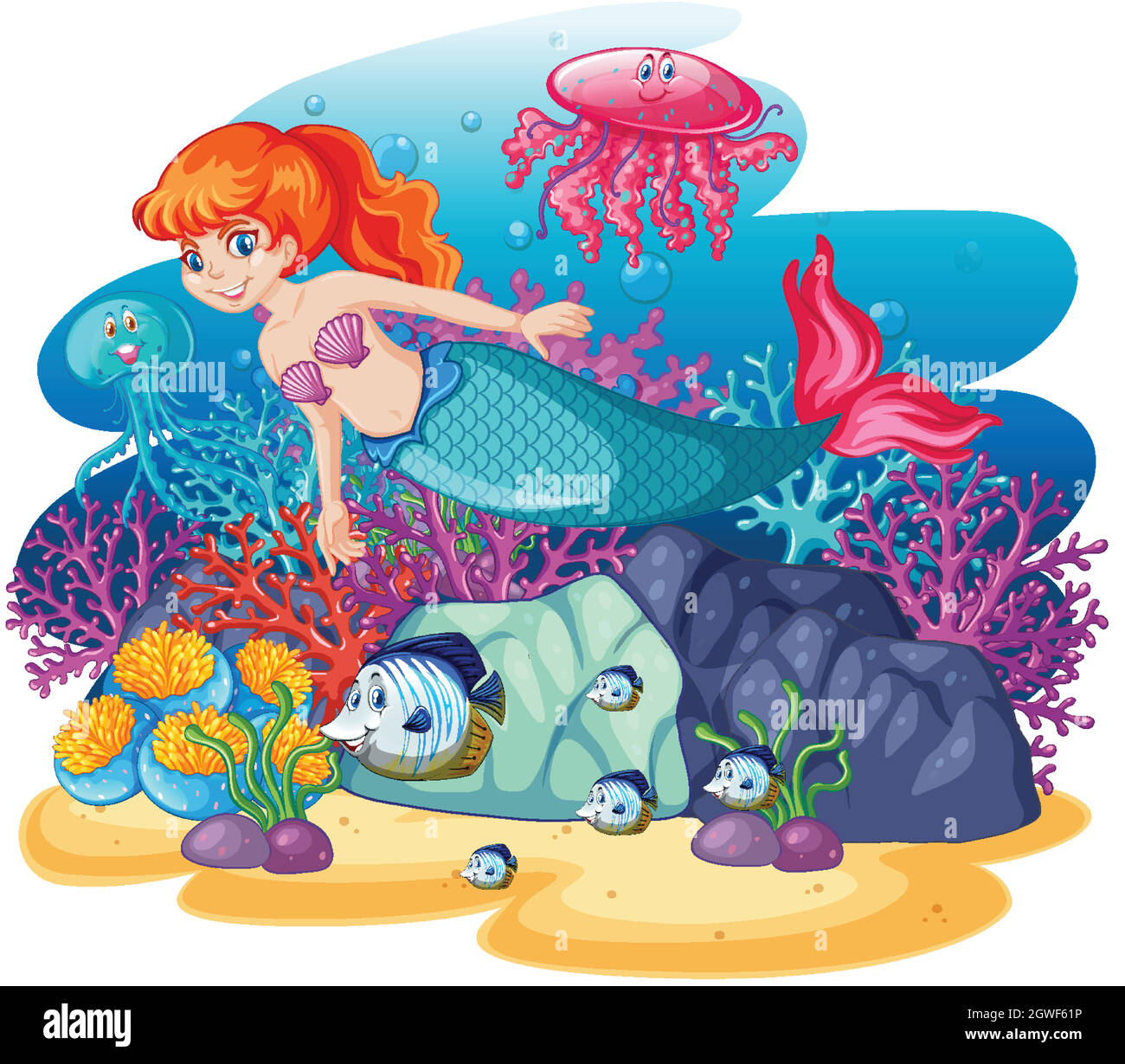 Nette Meerjungfrau mit Tier Meer Thema Szene Cartoon-Stil isoliert Stock Vektor