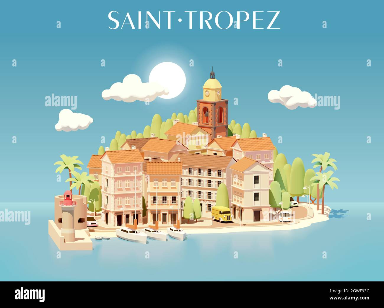 Vektor Saint-Tropez, Frankreich, Stadtbild Illustration. Blick auf die Stadt vom Meer. Gebäude, Straßen, Hafen mit Yachten, Kirchturm, Leuchtturm Stock Vektor