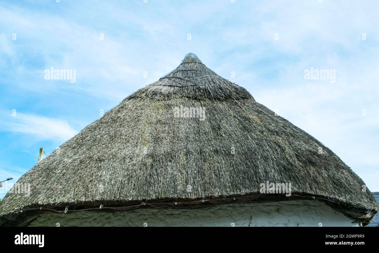 Reetgedeckte Häuser, Nachahmungen alter Kultur und Bautechnik, Stockfoto