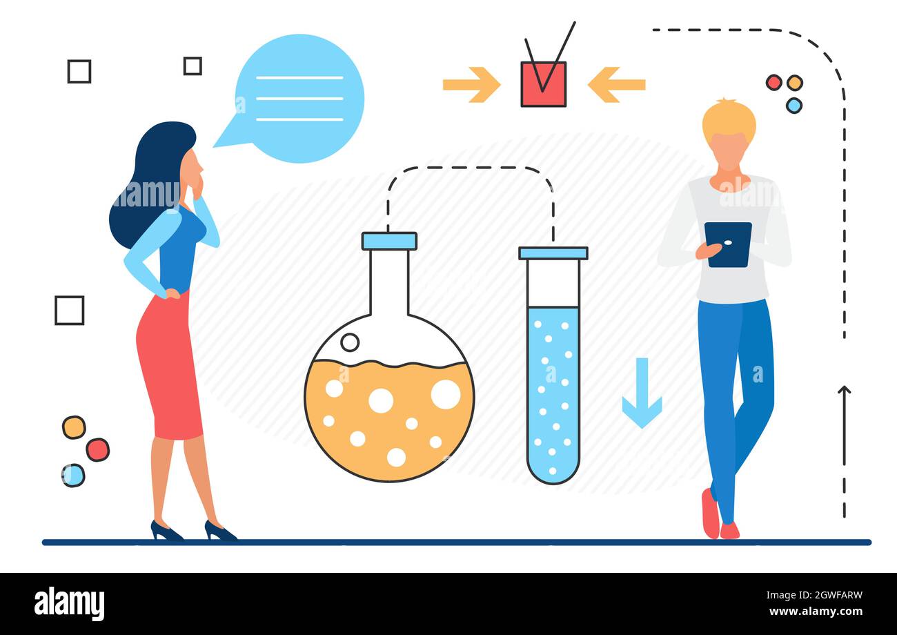 Moderne Wissenschaft Labor Forschung Technologie Konzept Vektor Illustration. Cartoon Labor Reagenzglas, Experiment Symbol und Wissenschaftler Menschen Teamarbeit isoliert auf weiß Stock Vektor