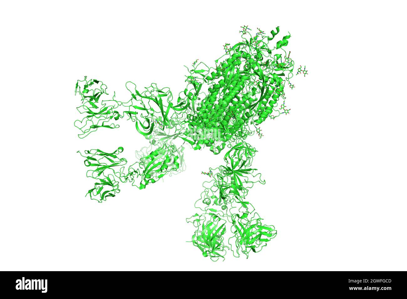 SARS-CoV-2 Spike Glycoprotein. Die Struktur des Komplexes mit Protein S, das die „Krone“ des Coronavirus bildet, 3d-Rendering. Stockfoto