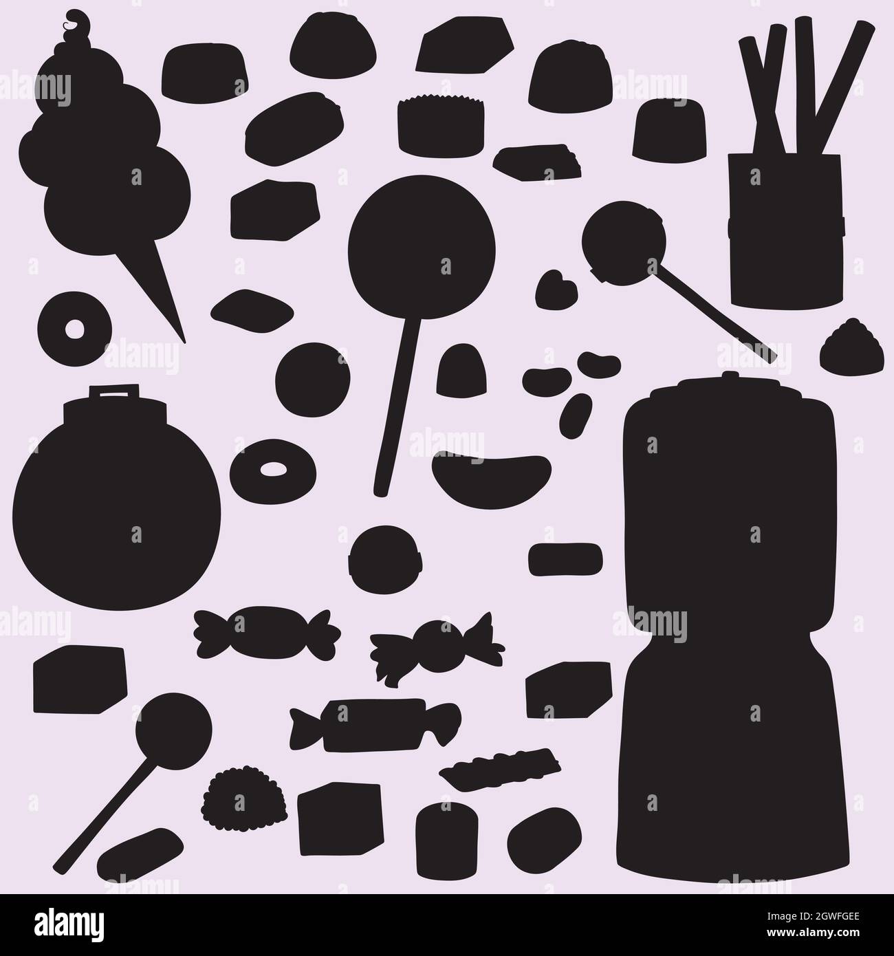 Handgezeichnete Bonbons. Lollipop, Schokolade, Vintage Bubble Gum Dispenser, Lakritze, Zuckerwatte, Gelee Beans. Schwarze Silhouette. Stock Vektor