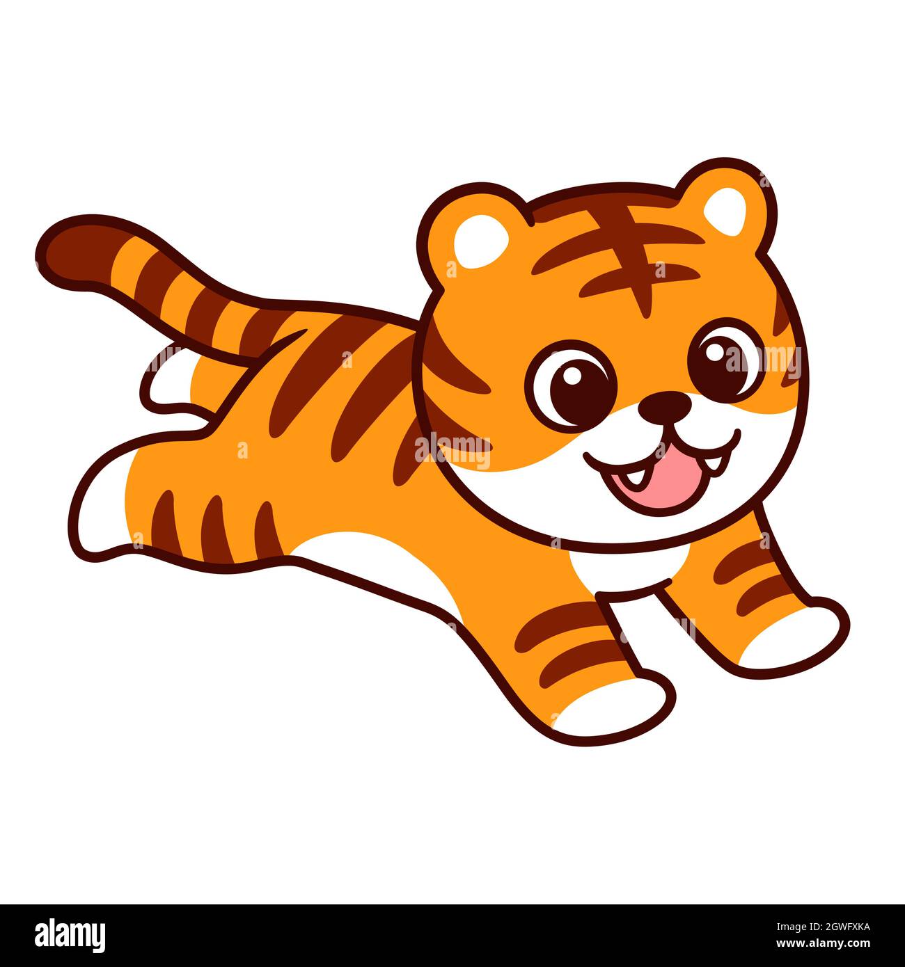 Niedliche Cartoon laufen oder springen Tiger Zeichnung. Lustige kleine Tiger stürzen sich. Isolierte Vektor-Clip-Art-Illustration. Stock Vektor