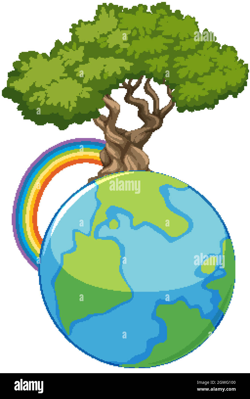 Große blaue Welt und großer grüner Baum auf weißem Hintergrund Stock Vektor