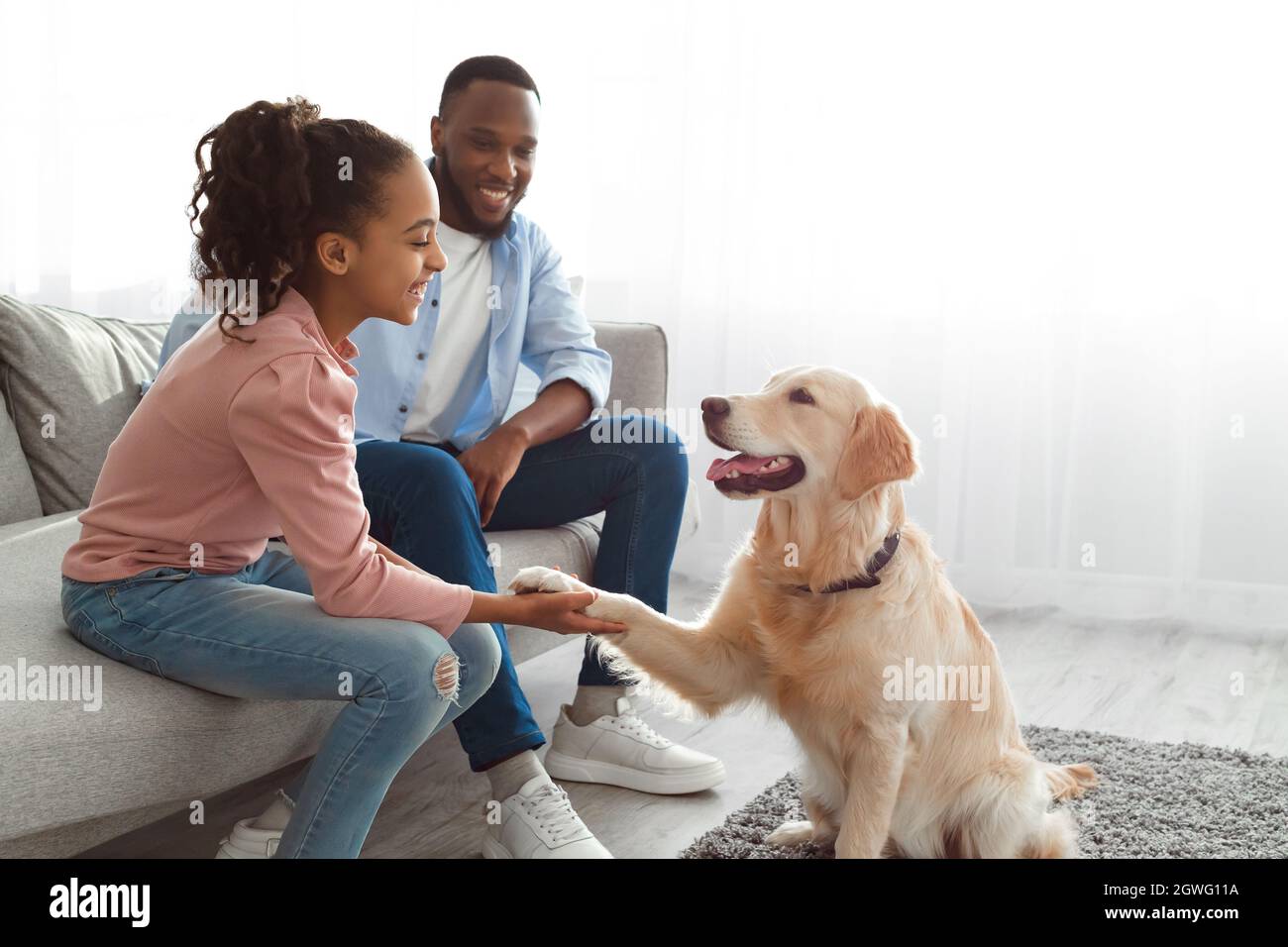 Konzept der menschlichen und tierischen Verbindung. Gehorsamer Hund, der seinem Besitzer im Wohnzimmer Pfote gibt, fröhliches, glückliches, schwarzes Teenager-Mädchen, das zu Hause ihr Haustier trainiert, Stockfoto