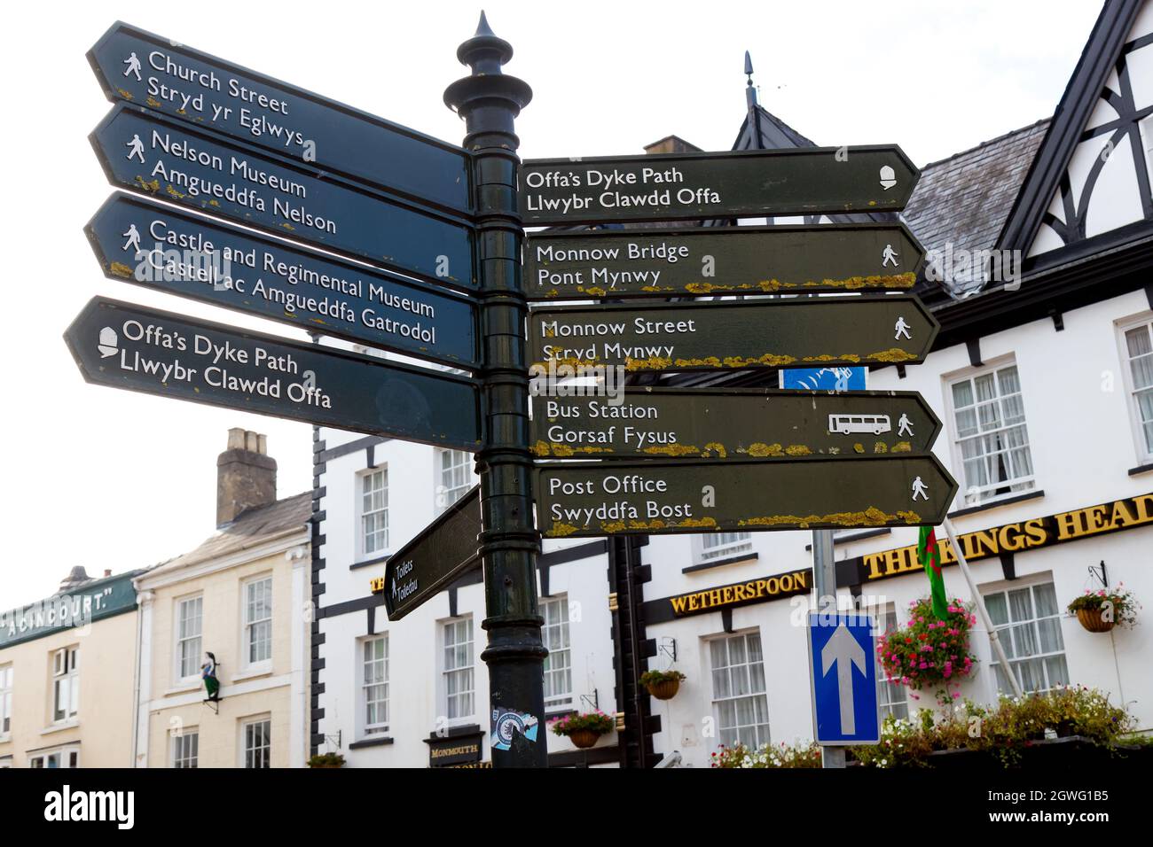 Schild am Agincourt Square, Monmouth, South Wales Stockfoto