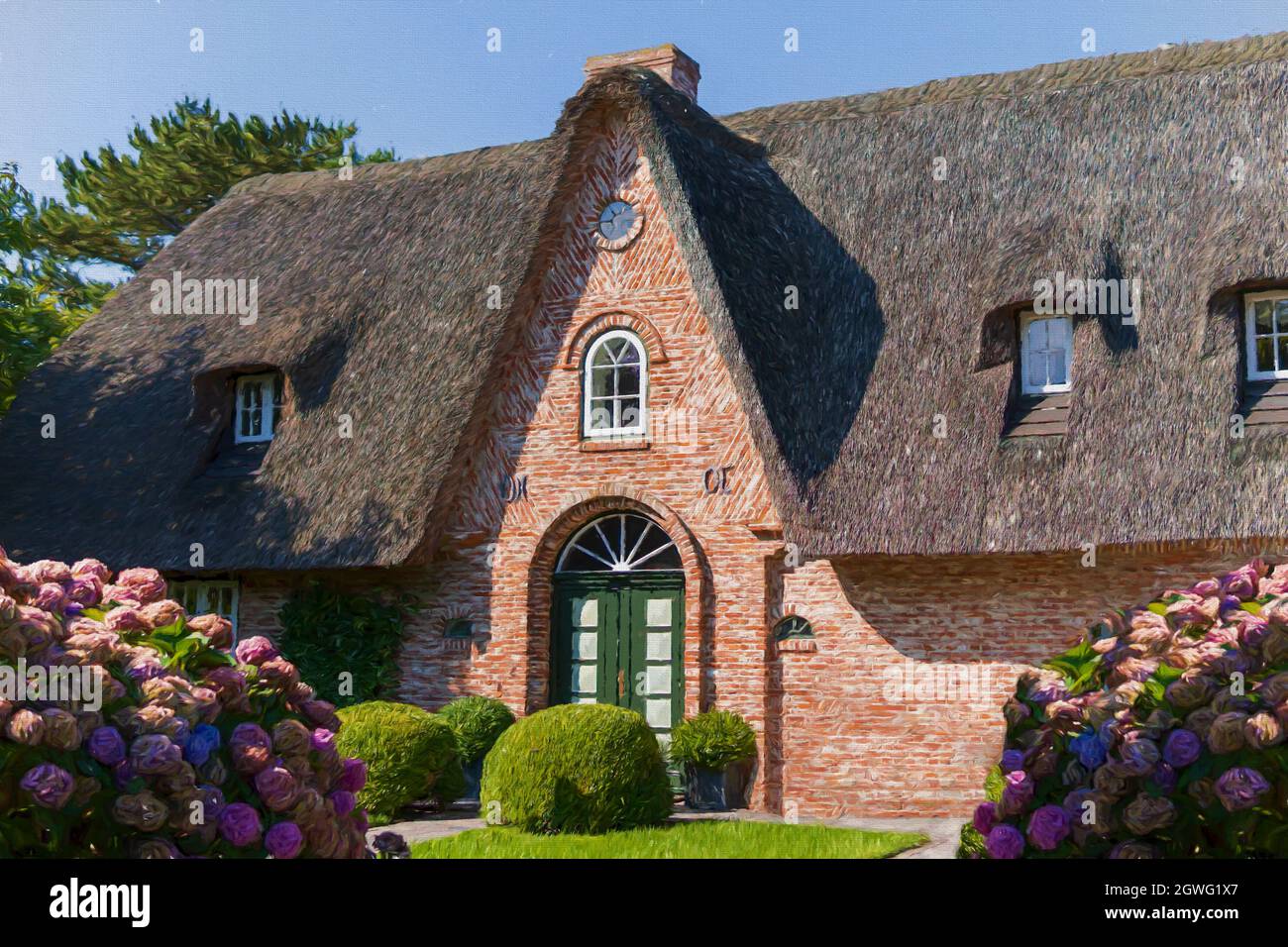 Gemälde eines traditionellen friesischen Hauses mit Strohdach. Digitales Malen Stockfoto