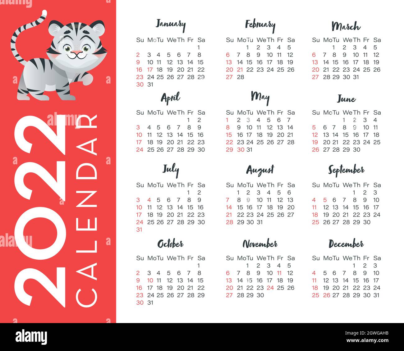 Kalender 2022 für USA mit Tiger-Illustration, Symbol Jahr. Kalenderraster auf Englisch Stock Vektor