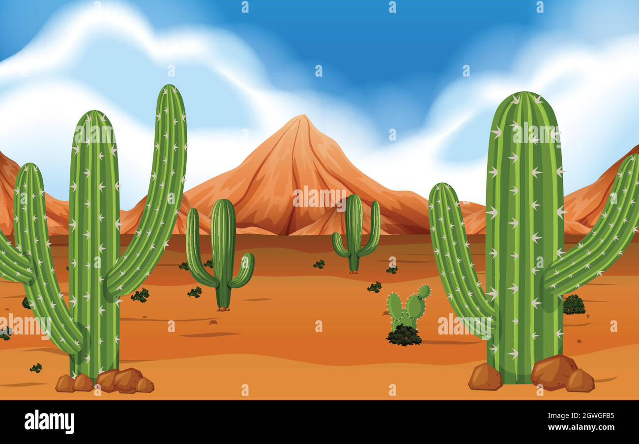 Wüste mit Berg und Kakteen Stock Vektor