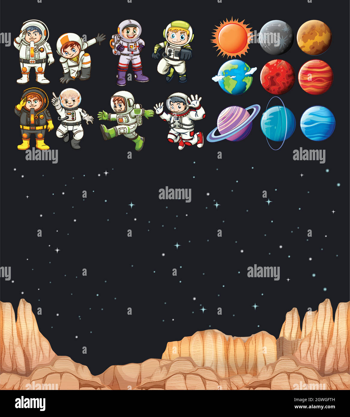 Astronauten und verschiedene Planeten im Universum Stock Vektor