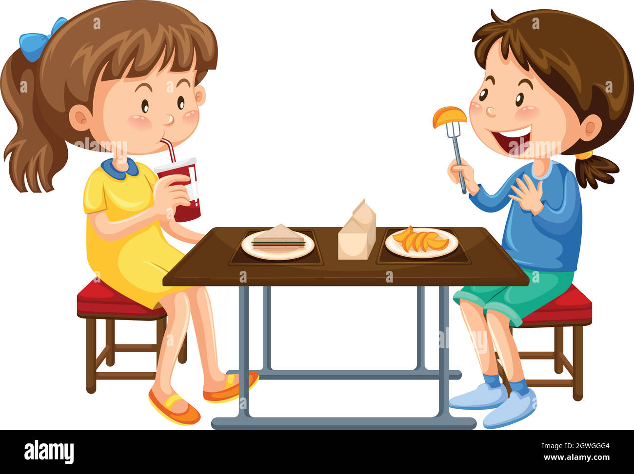 Zwei Mädchen essen auf einem Picknicktisch Stock Vektor