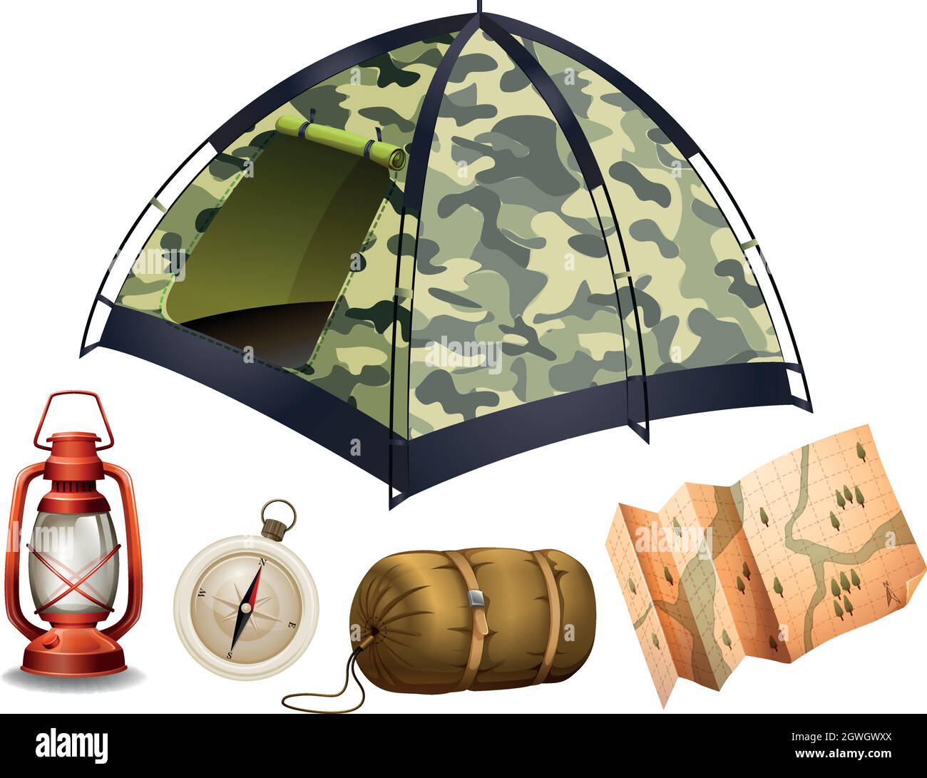Camping Set mit Zelt und anderen Objekten Stock Vektor