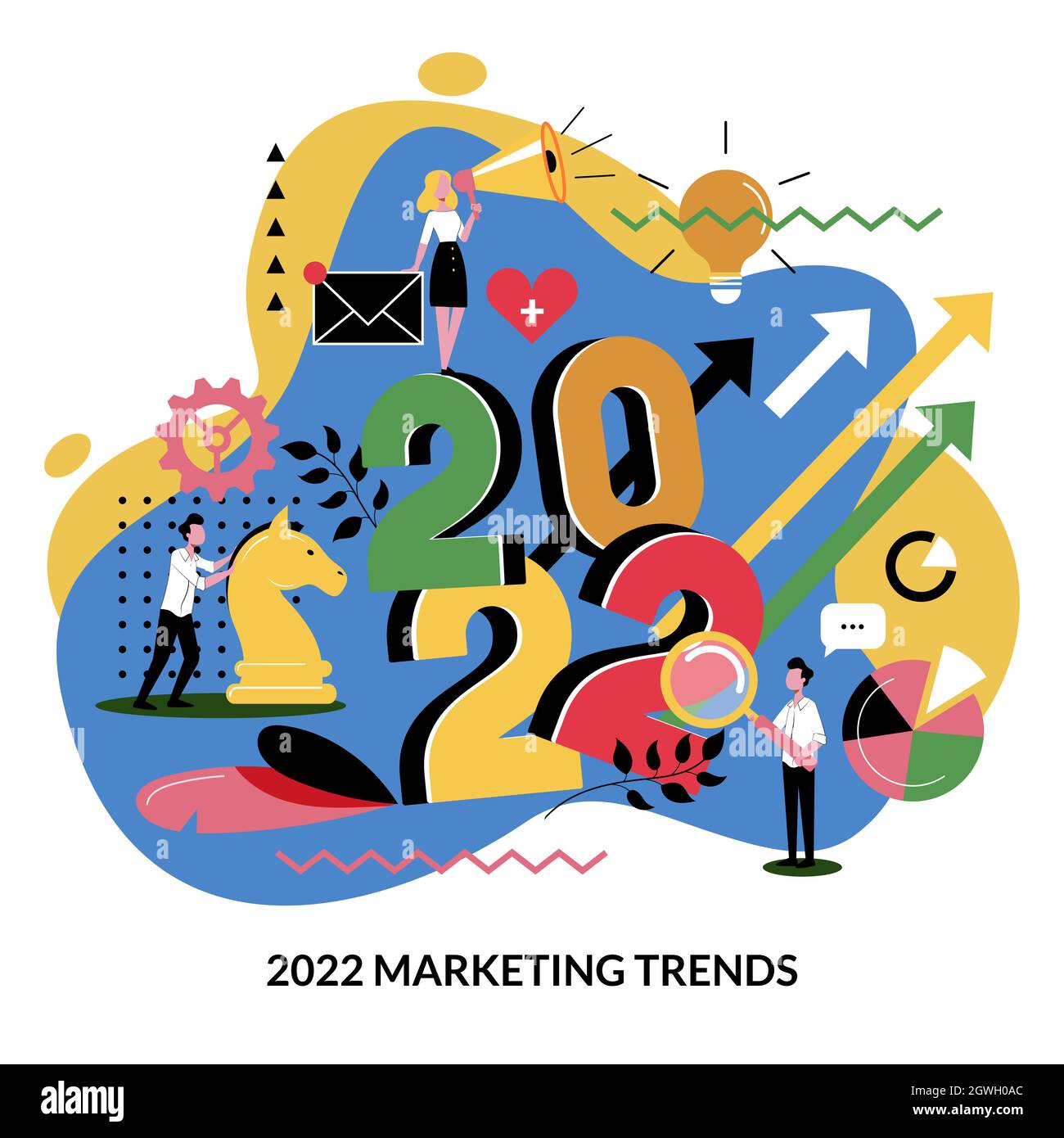 Digital Marketing Trends Business Plan und Strategie für 2022 neues Jahr. Erwartungshaltung und Perspektivenkonzept. Vektor flache Cartoon-Illustration für Web l Stock Vektor