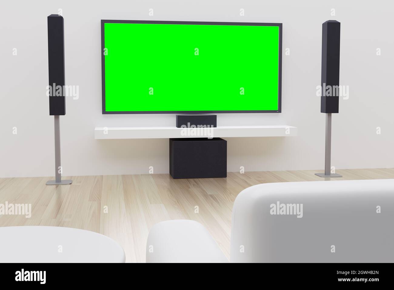 3D-Rendering White Clean Home Entertainment-Raum mit Audiosystem LCD-Fernseher, leerer Bildschirm für Werbemontage. Stockfoto