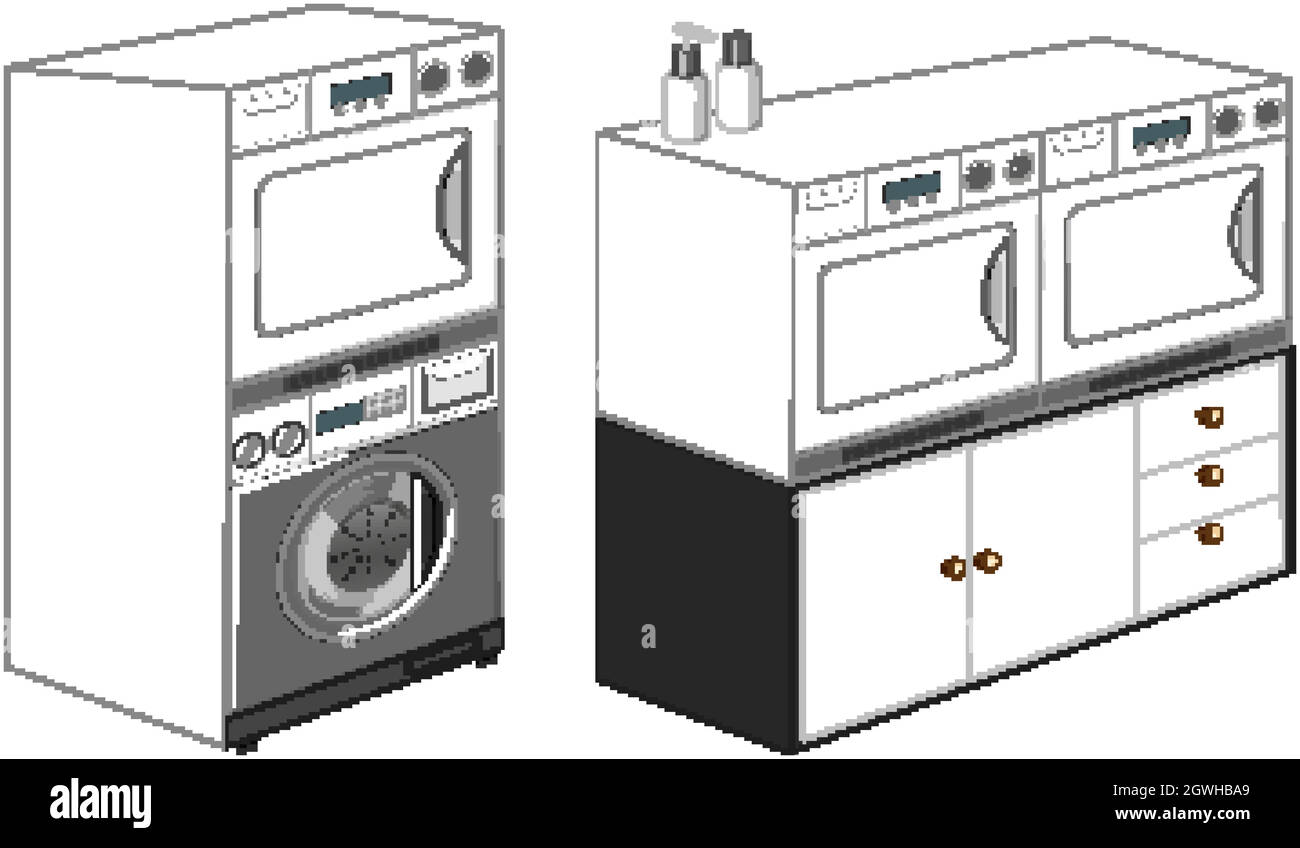 Waschmaschinen mit Waschmaschine isoliert auf weißem Hintergrund Stock Vektor