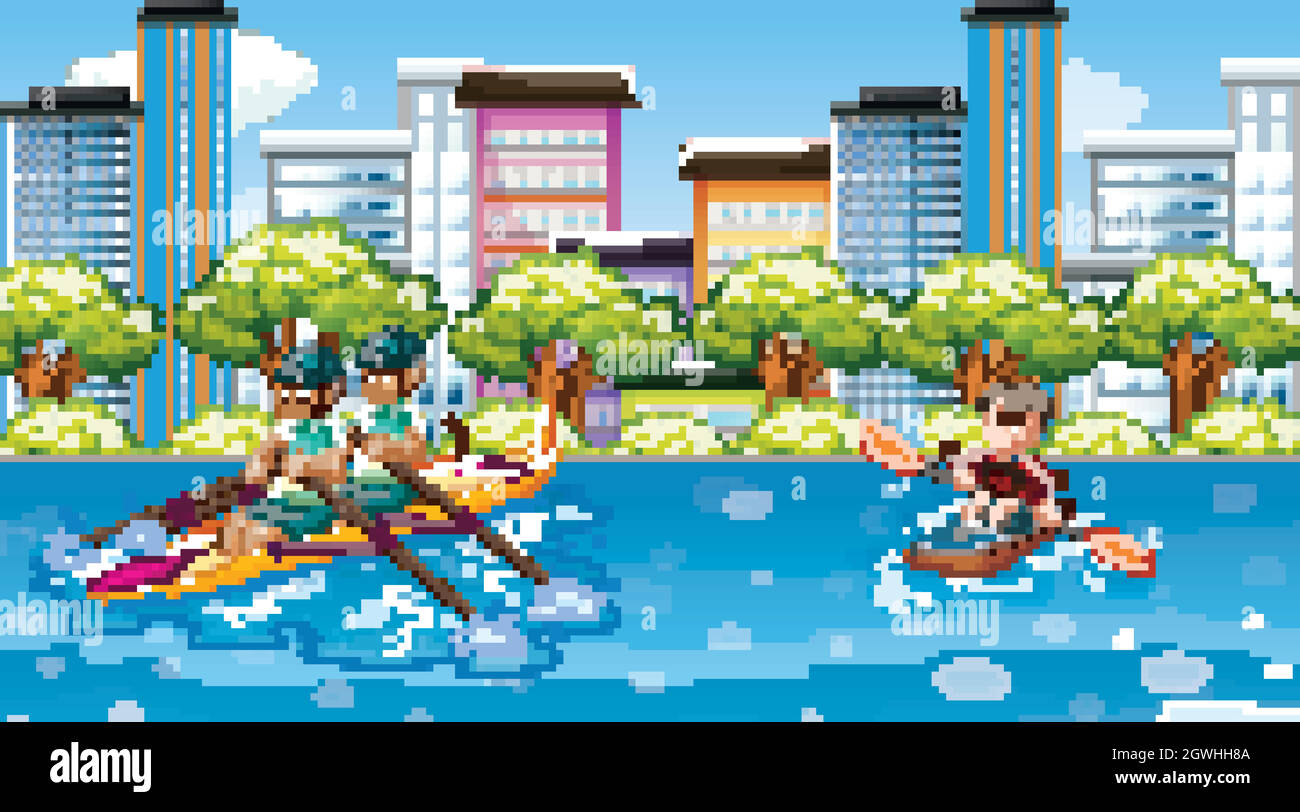 Szene mit Menschen, die Wassersport in der Stadt treiben Stock Vektor