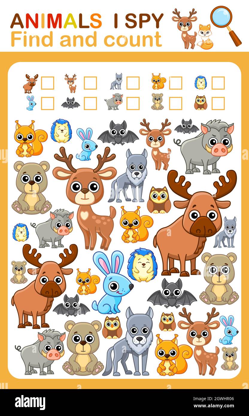 Druckbares Arbeitsblatt für die Buchseite des Kindergartens und der Vorschule, die ich ausspioniere. Zählen Sie wilde Tiere. Stock Vektor