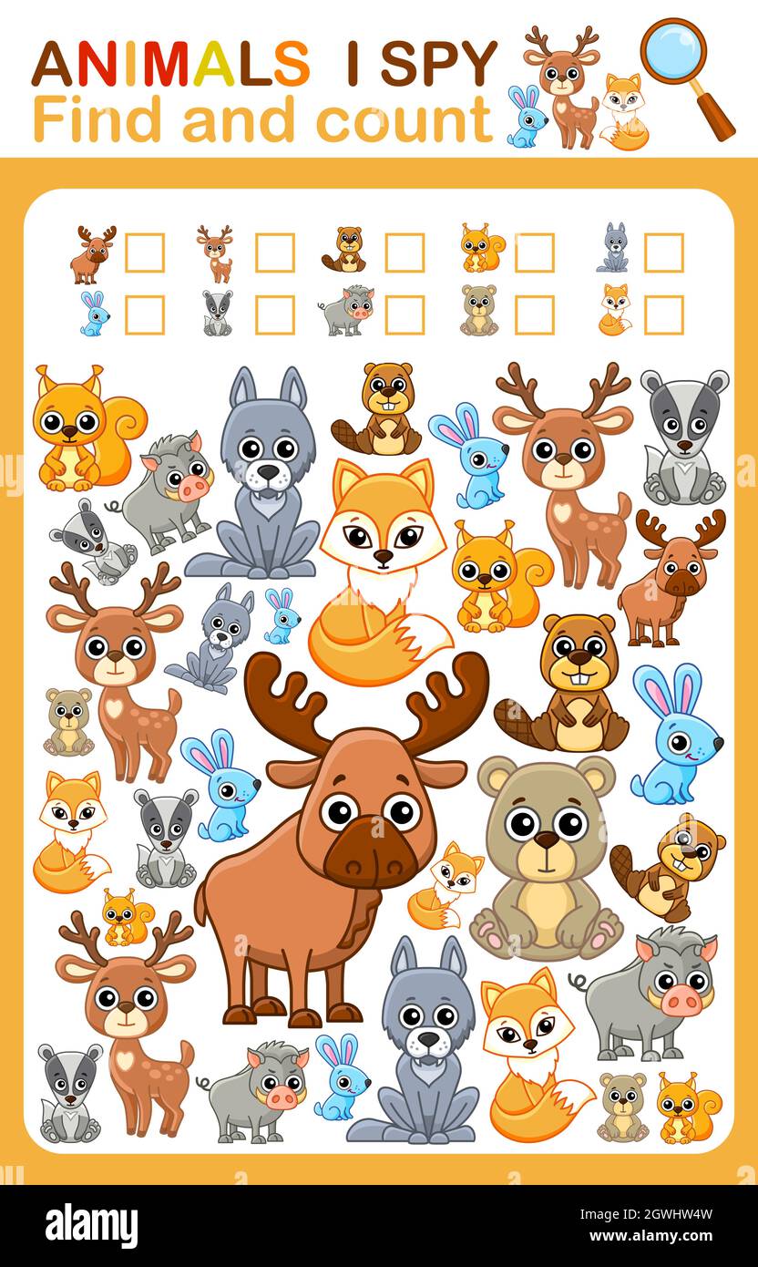 Druckbares Arbeitsblatt für die Buchseite des Kindergartens und der Vorschule, die ich ausspioniere. Zählen Sie wilde Tiere. Stock Vektor