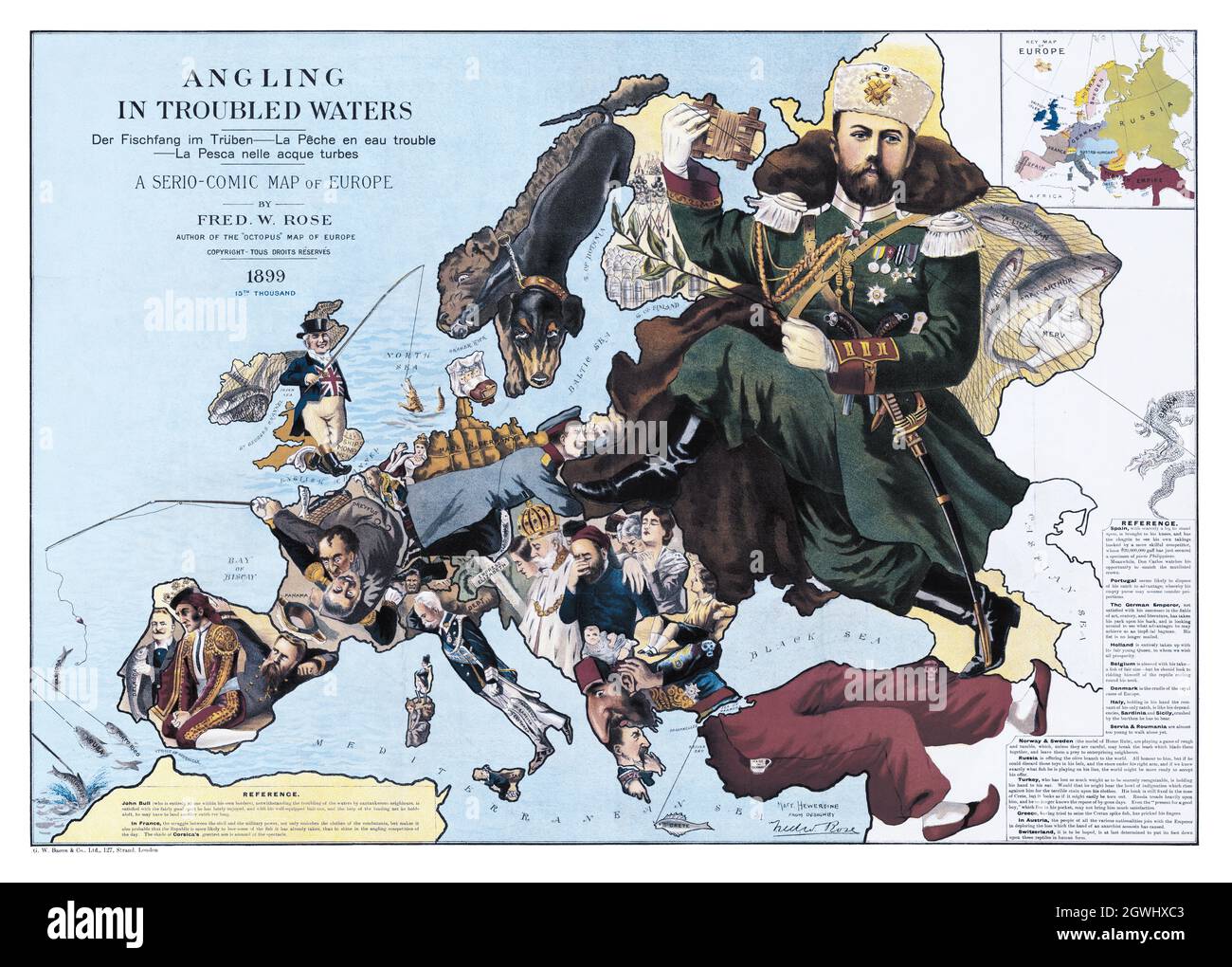 Satirische Karte von Europa - Angeln in unruhigen Gewässern - von Fred W. Rose 1889. Digital verbesserte serio-Comic-Karte. Komische Karte. Stockfoto