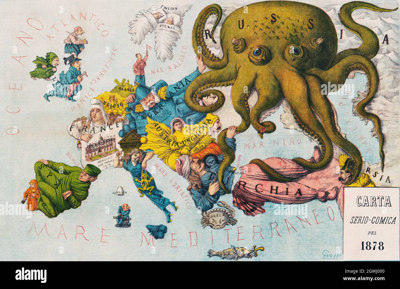 Papagallo Nr. 15 la Piovra Russa Anno VI von Augusto Grossi (1835-1919), eine Karikatur-Darstellung von Europa im Jahr 1878, mit Karikaturen und Monster kraken. Stockfoto