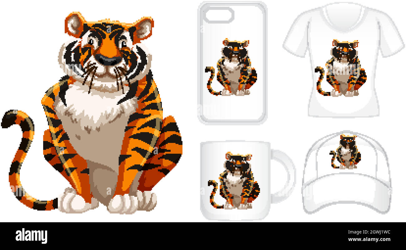 Grafikdesign auf verschiedenen Produkten mit Tiger Stock Vektor
