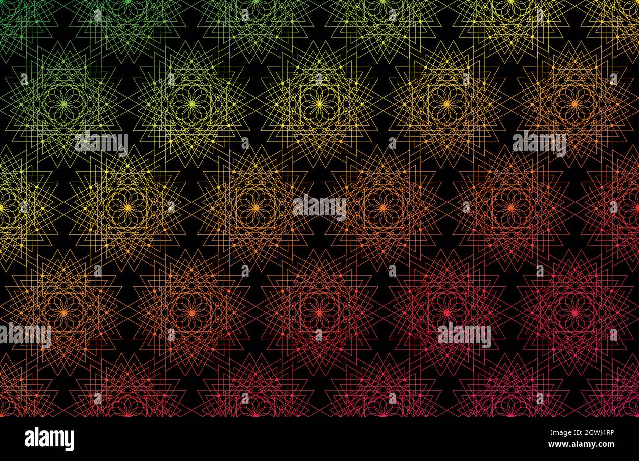 Nahtlose Heilige Geometrie Seed of Life Farbverlauf Farbmuster Hintergrund. Logo Blume des Lebens Textur Geometrische mystische Mandala der Alchemie esoterische Zeichen Stock Vektor