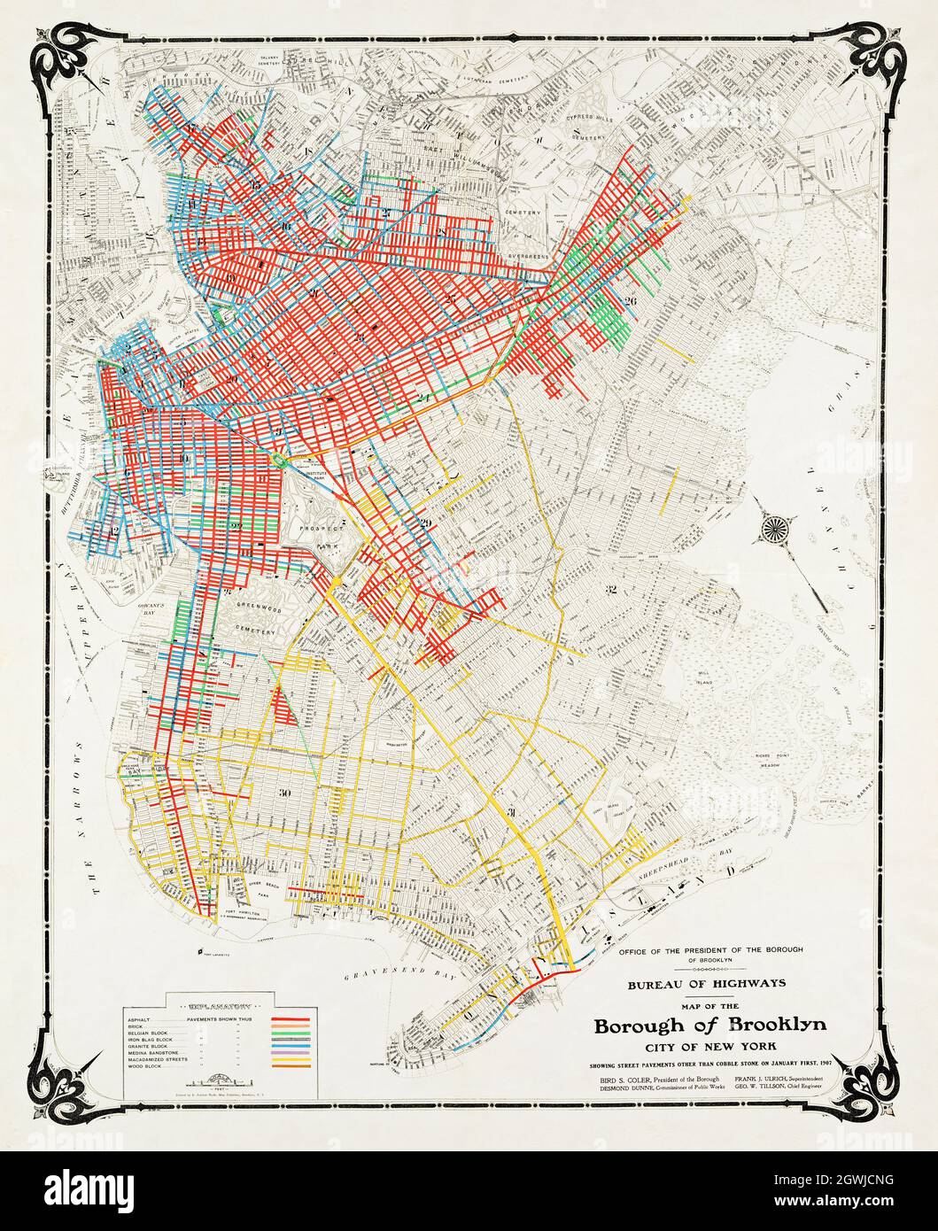 Karte des Stadtteils Brooklyn, City oh New York. Zeigt andere Straßenpflaster als Kopfsteinpflaster am 1. Januar 1907. Stockfoto