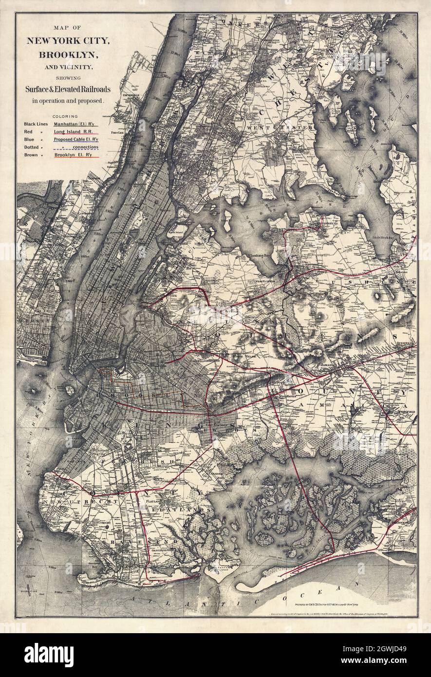 Karte von New York City, Brooklyn und Umgebung, auf der oberflächennahe und erhöhte Eisenbahnen in Betrieb und vorgeschlagen sind. Von G.W. & C. B. Colton & Co. 1885. Stockfoto