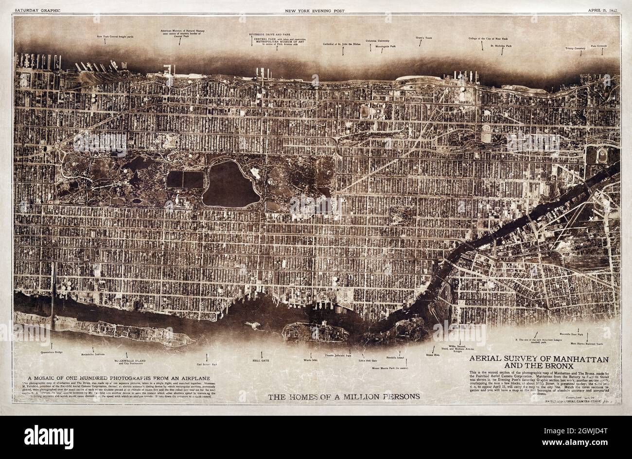 New York City, fotografiert von zwei Meilen in der Luft (1922) von der Lionel Pincus and Princess Firyal Map Division. Stockfoto