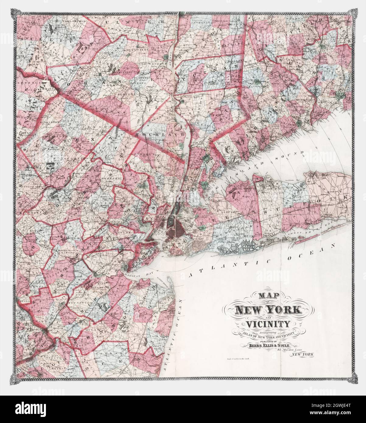 Karte von New York und Umgebung mit dem „Atlas of New York and Vicinity“, herausgegeben von Beers, Ellis & Soule, 95 Maiden Lane, New York. (1868) Stockfoto