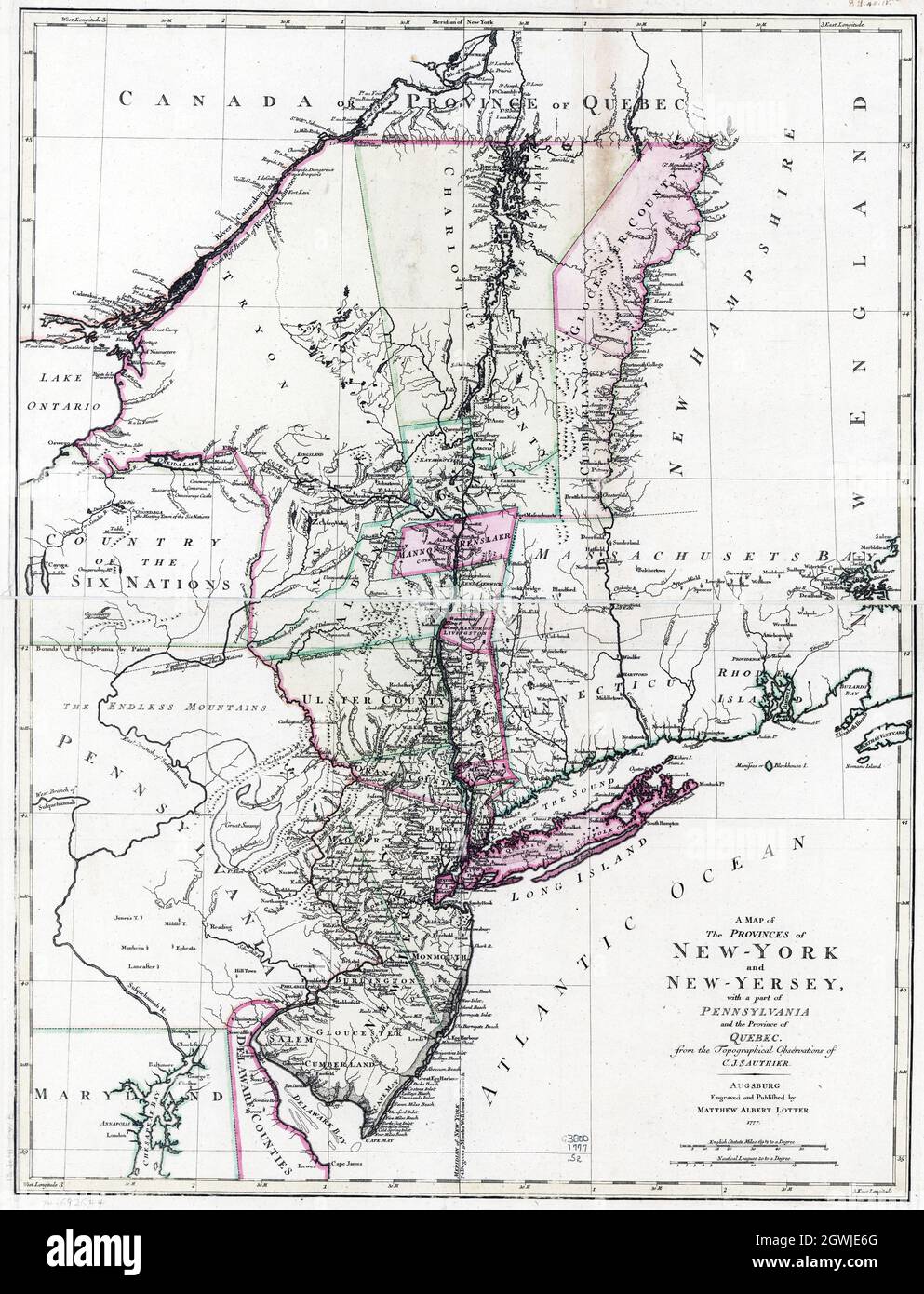 Karte von New York 1777. Aus topografischen Beobachtungen von Claude Joseph Sauthier. Gestochen und veröffentlicht von Matthew Albert Lotter. Stockfoto