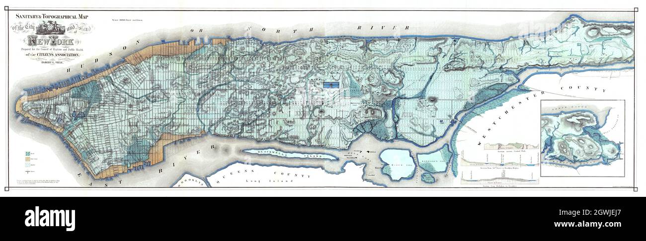 Viele Karte 1865, Sanitär & topographische Karte von New York / Manhattan. Stockfoto