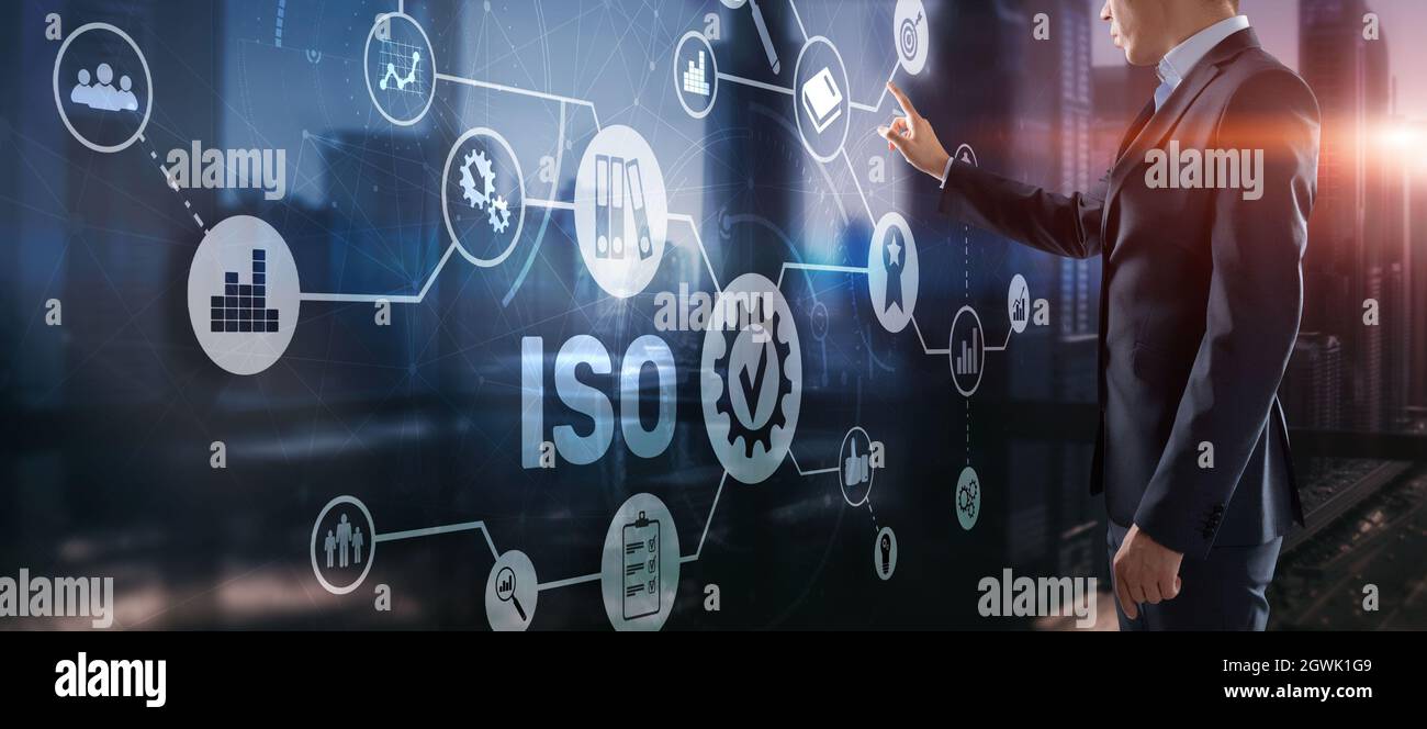 ISO-Zertifizierungskonzept Standard Qualitätskontrolle. Internationaler Informationssicherheitsstandard. Stockfoto