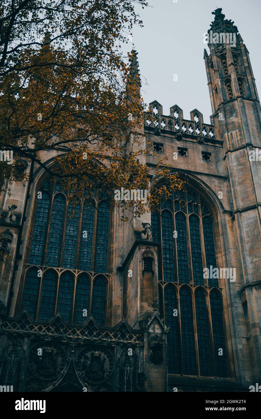 Große, reich verzierte mittelalterliche Buntfenster der majestätischen King's College Chapel in Cambridge, England Stockfoto