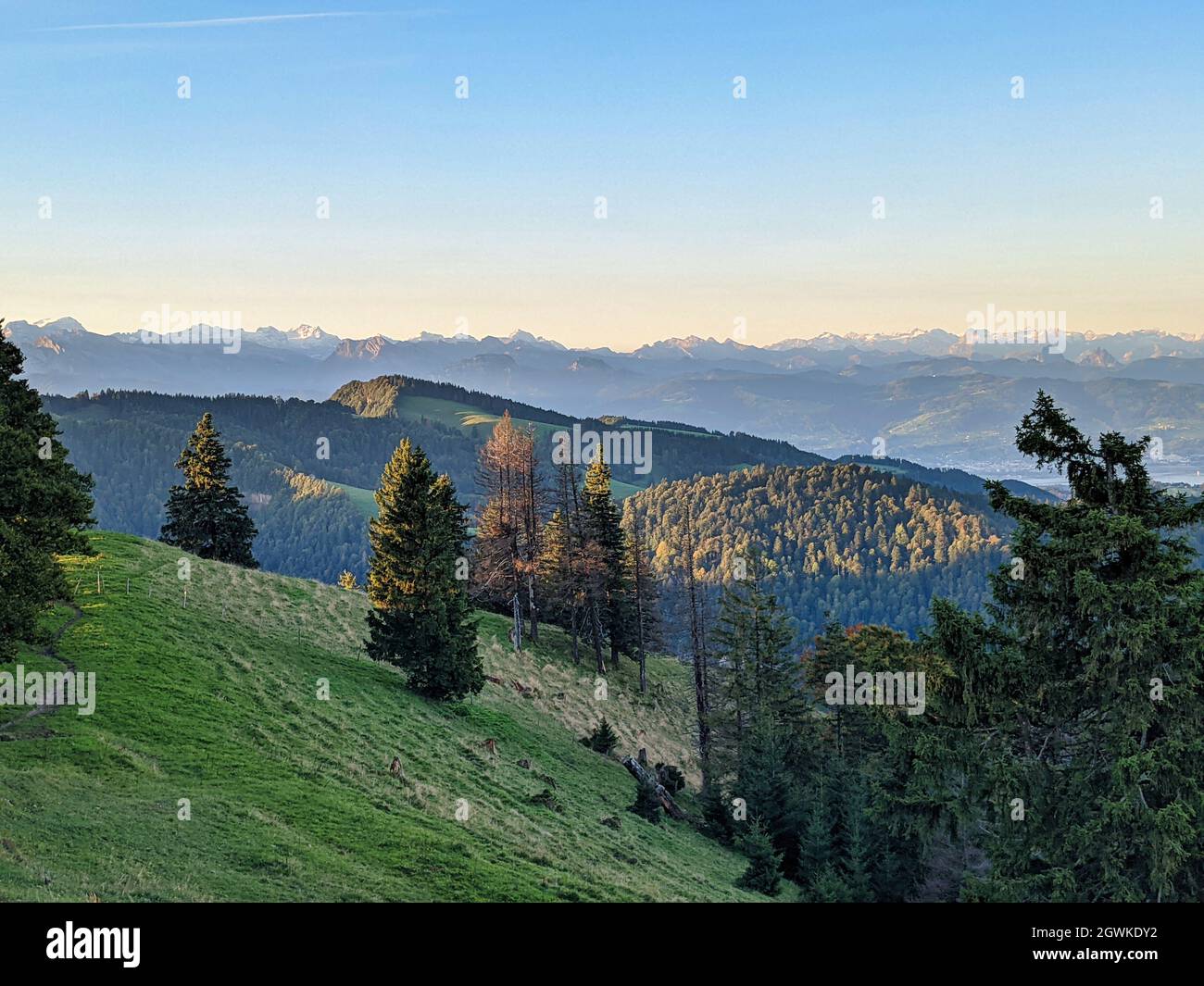 Hügelige Landschaft im zürcher oberland, schweiz. Herrliche Herbststimmung bei Sonnenaufgang am Schnebelhorn, fischenthal Stockfoto