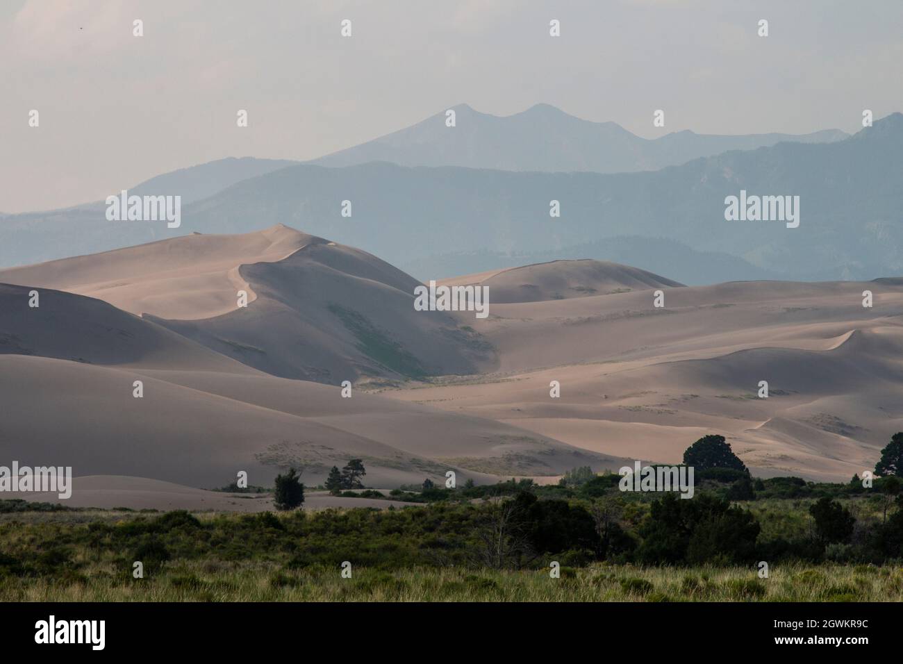 Rauch von kalifornischen Waldbränden erzeugt diesen Dunst, der die Berge des Sangre de Cristo, die an den Park angrenzt, verdeckt. Stockfoto