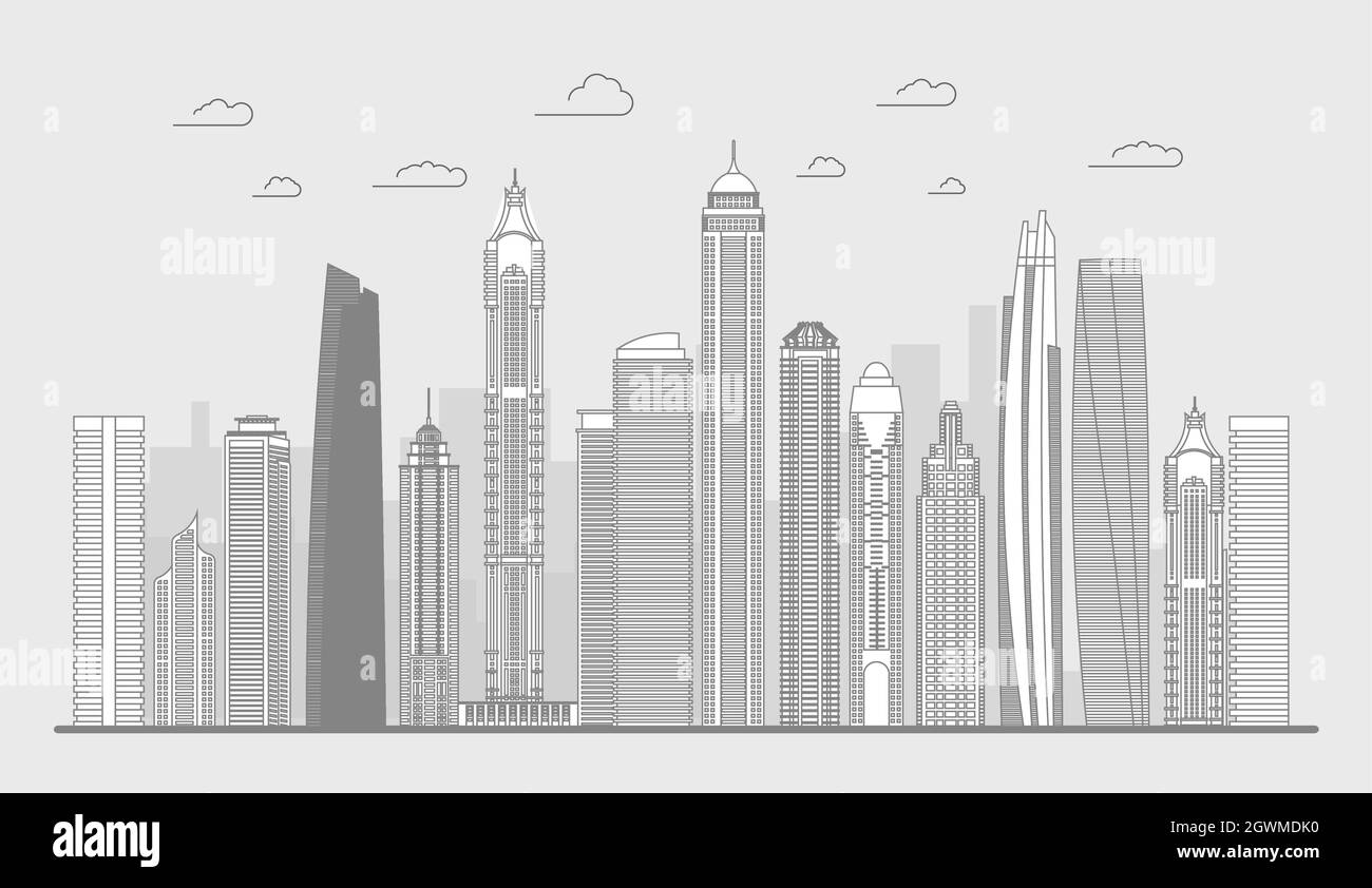 Stadtbild-Linienkunstgebäude. Stadtliniebilderung Panorama. Vektorgrafik Skyline mit dünnen Linien. Stock Vektor