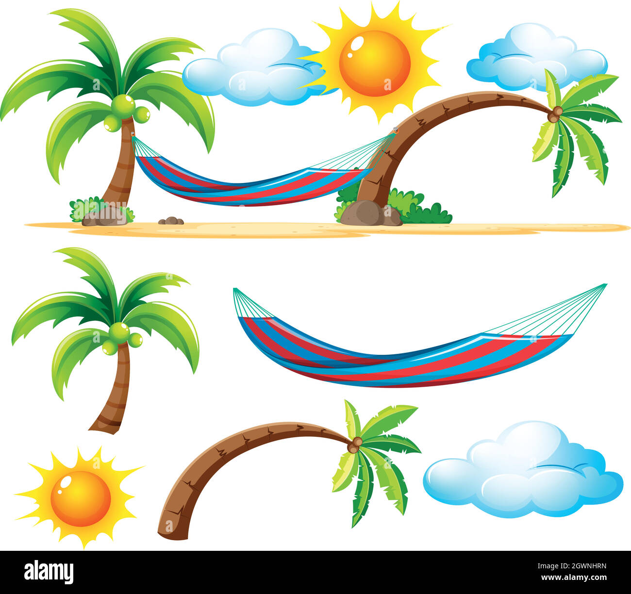 Strandartikel und Szene am Strand Stock Vektor