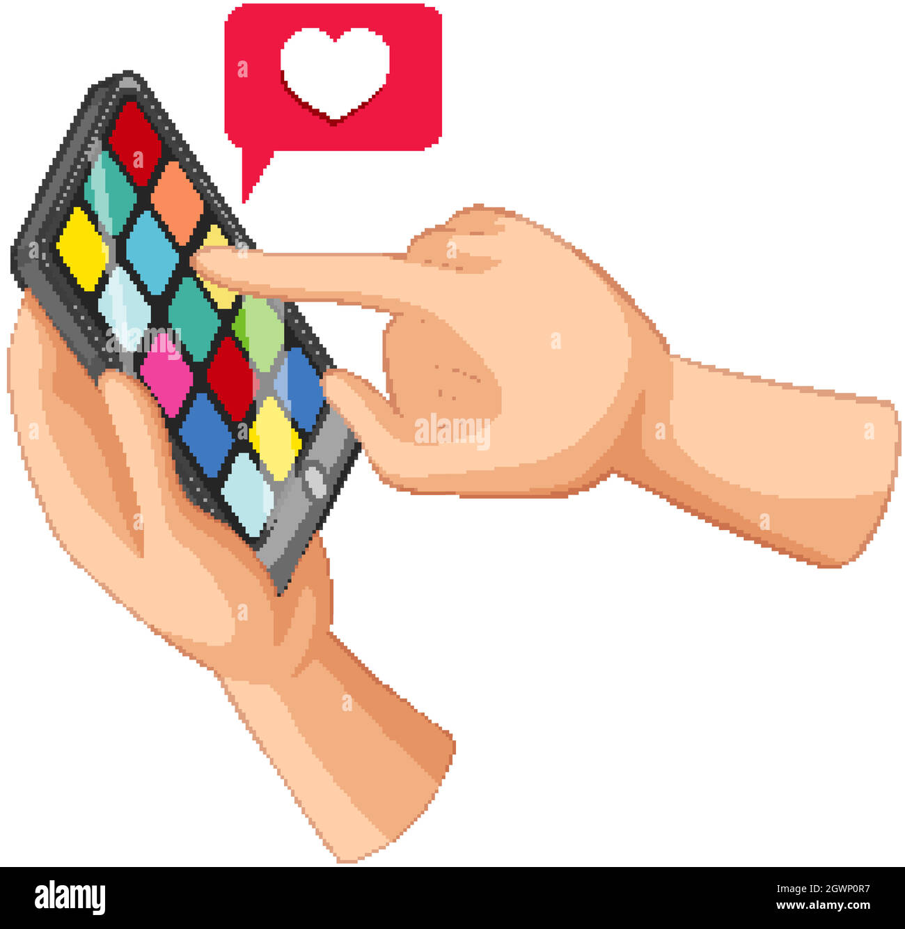 Smartphone suchte mit Händen und Liebe Tag Cartoon-Stil auf weißem Hintergrund isoliert Stock Vektor