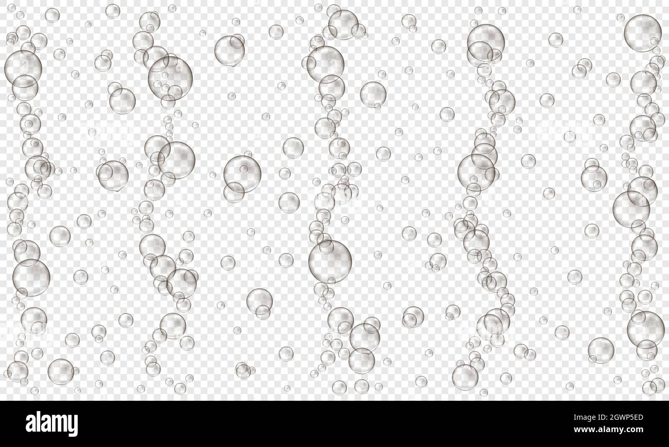 Sauerstoffblasen auf transparentem Hintergrund. Kohlensäurehaltiges Getränk, Seltzer, Bier, Soda, Cola, Limonade, Champagner, Schaumweintextur. Wasser- oder Aquarienbach. Vektor-realistische Darstellung. Stock Vektor