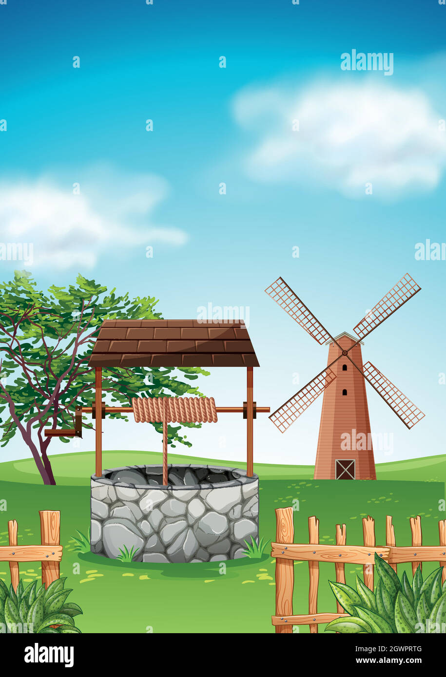 Szene mit Windmühle und Brunnen auf dem Bauernhof Stock Vektor
