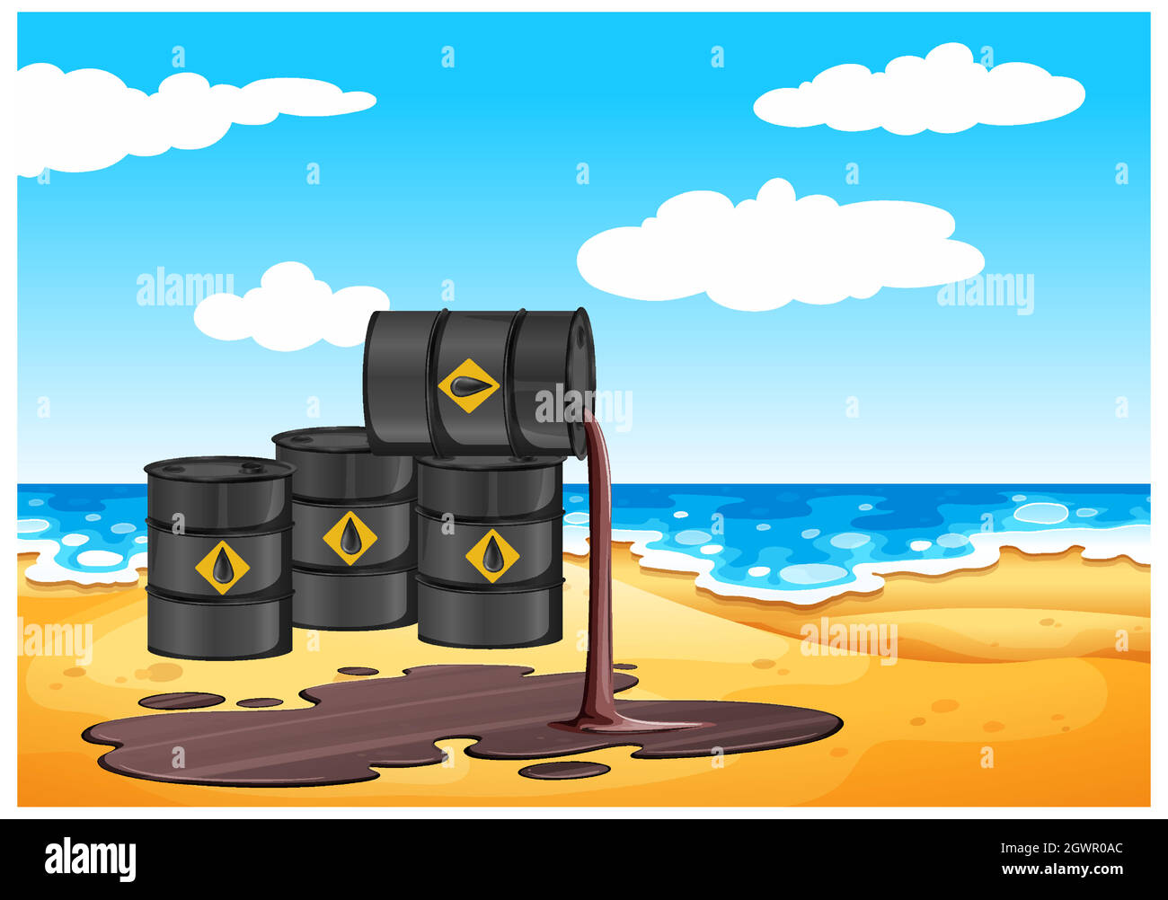 Schwarze Ölfässer mit Rohöl-Schild verschütteten Öl auf dem Boden isoliert am Strand Hintergrund Stock Vektor