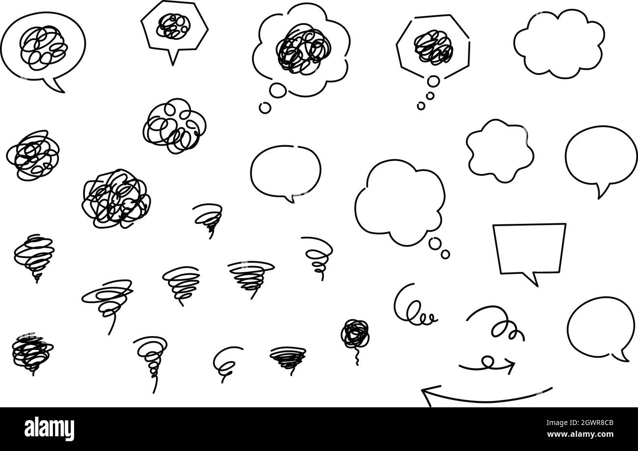 Handgezeichnete Sprechblasen und Markierungen für ein Comic-Design. Vektordarstellung auf weißem Hintergrund isoliert. Stock Vektor