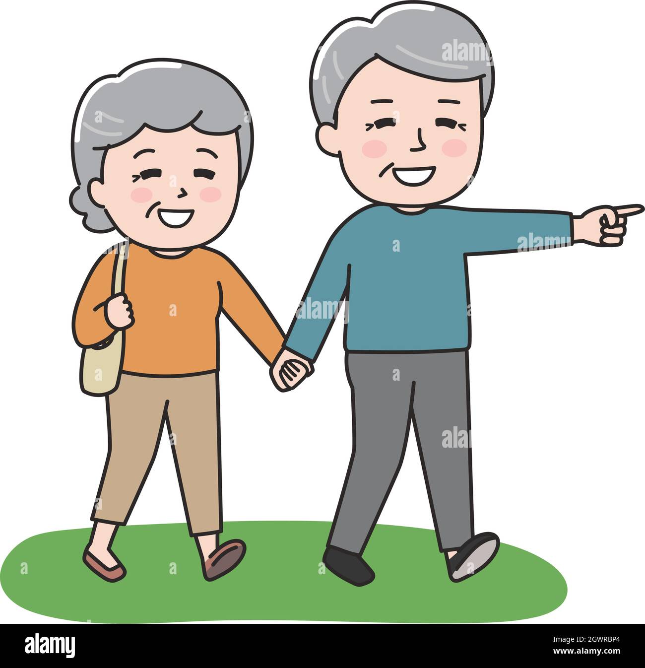 Das ältere Paar geht glücklich Hand in Hand. Vektorgrafik auf weißem Hintergrund. Stock Vektor