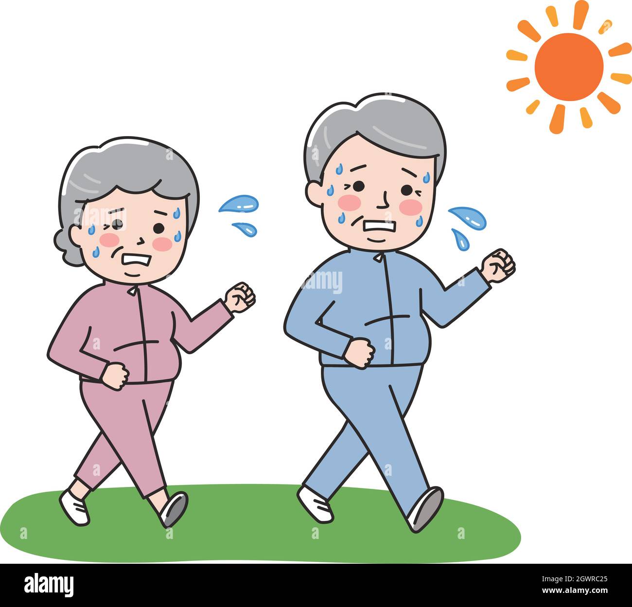 Ältere mollige Paar Ernährung, Gewicht zu verlieren, indem sie mit viel Schweiß zu Fuß. Vektorgrafik auf weißem Hintergrund. Stock Vektor