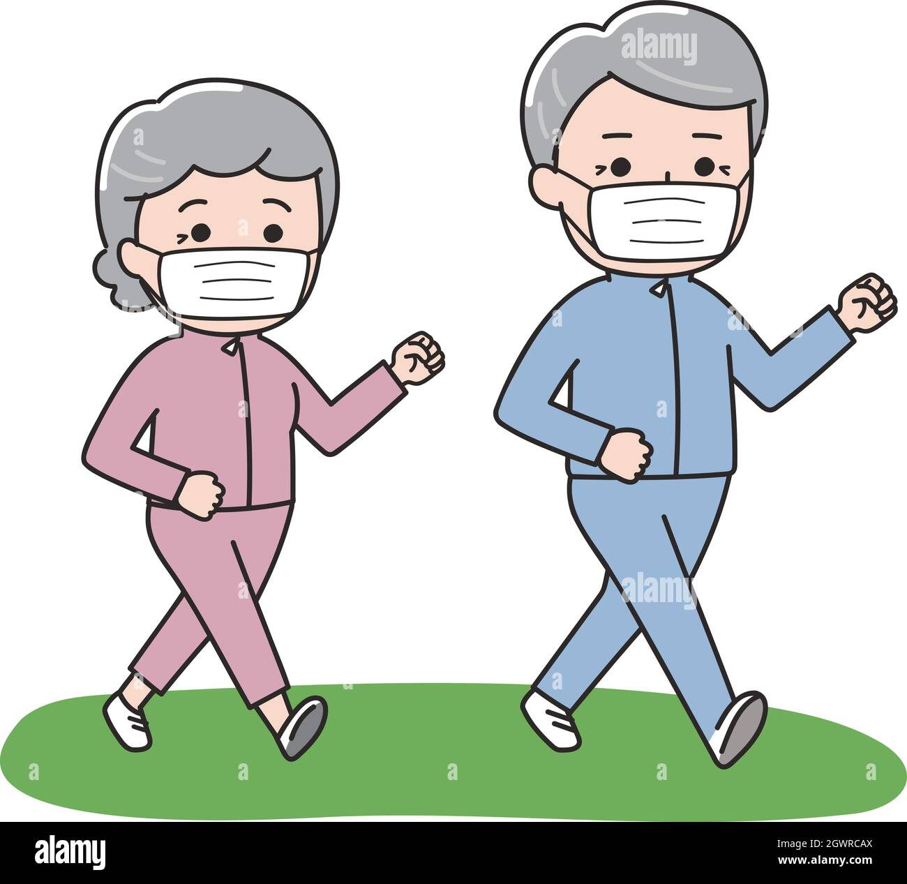Das ältere Paar, das mit einer Maske geht. Vektorgrafik auf weißem Hintergrund. Stock Vektor