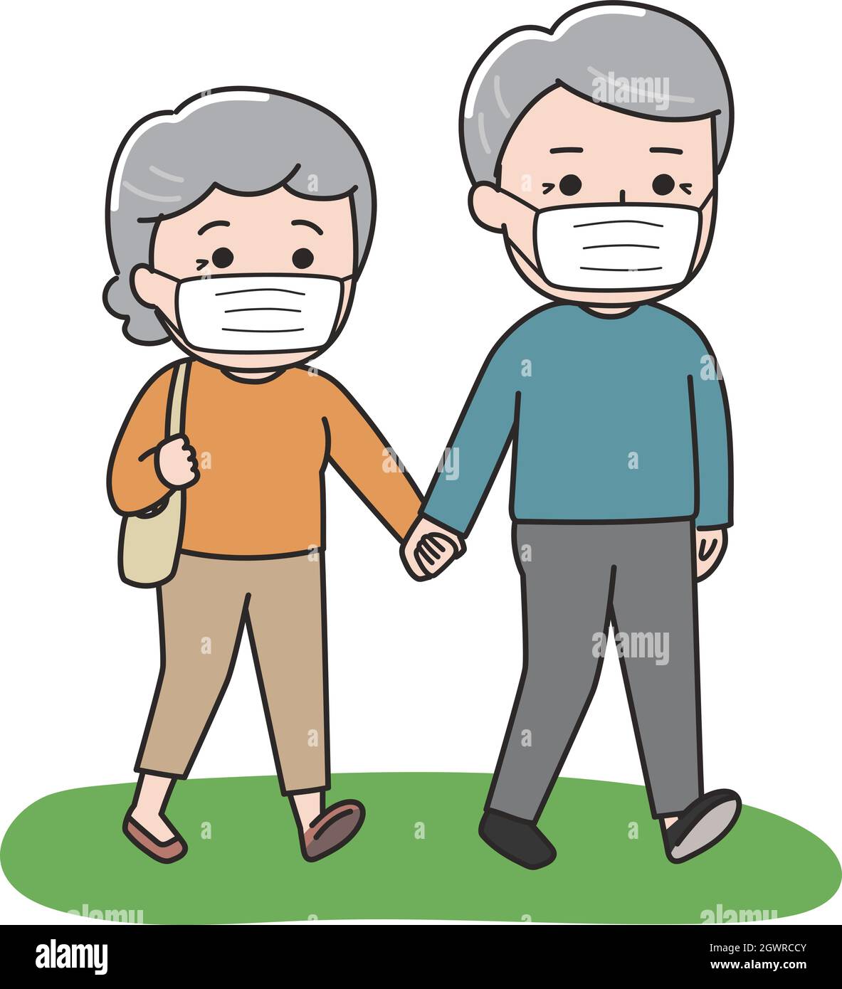 Das ältere Paar mit Maske geht Hand in Hand. Vektorgrafik auf weißem Hintergrund. Stock Vektor