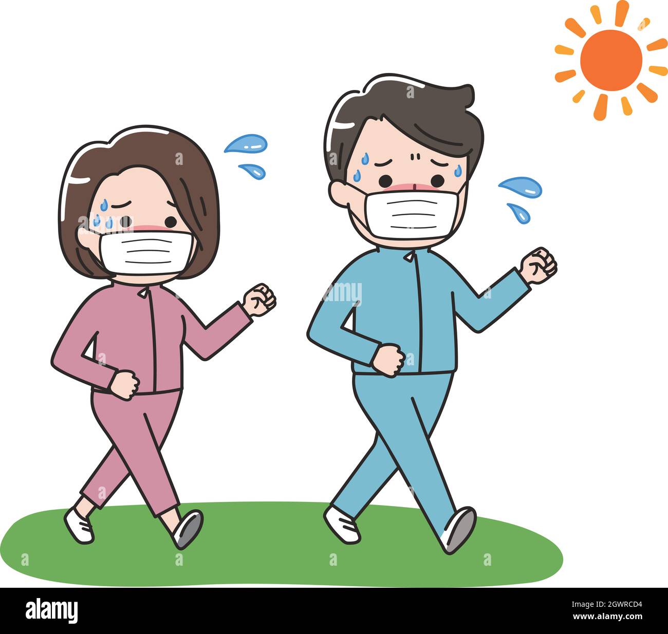 Das Paar Ernährung, Gewicht zu verlieren, indem Sie mit einer Maske und viel Schweiß. Vektorgrafik auf weißem Hintergrund. Stock Vektor